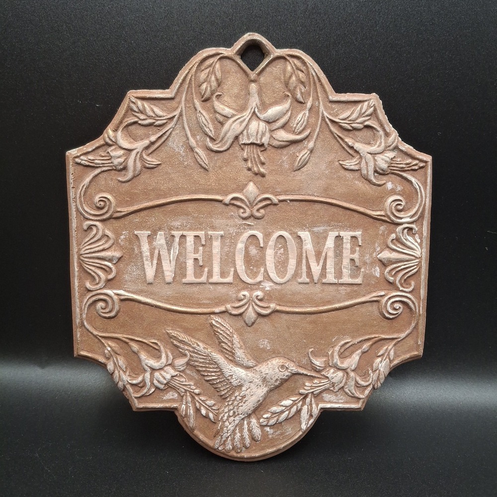 HUMMINGBIRD WELCOME Garden Wall Plaque Floral Botanical Hummingbird 7" x 6"